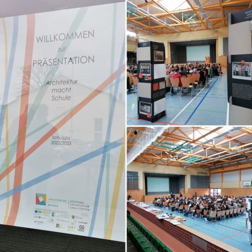 Collage mit Plakat „Architektur macht Schule 2022/2023“ und Aufnahmen einer vollen Sporthalle.